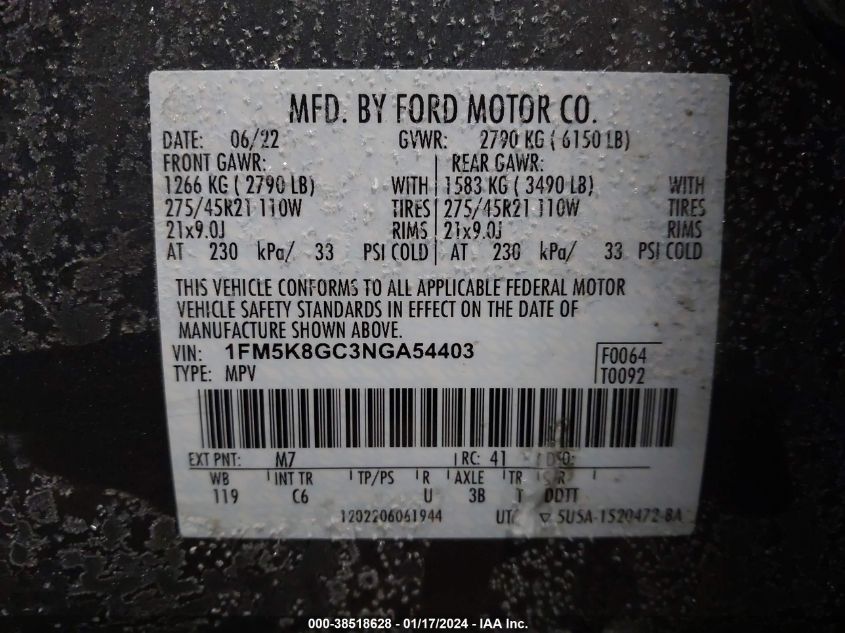 2022 FORD EXPLORER ST - 1FM5K8GC3NGA54403