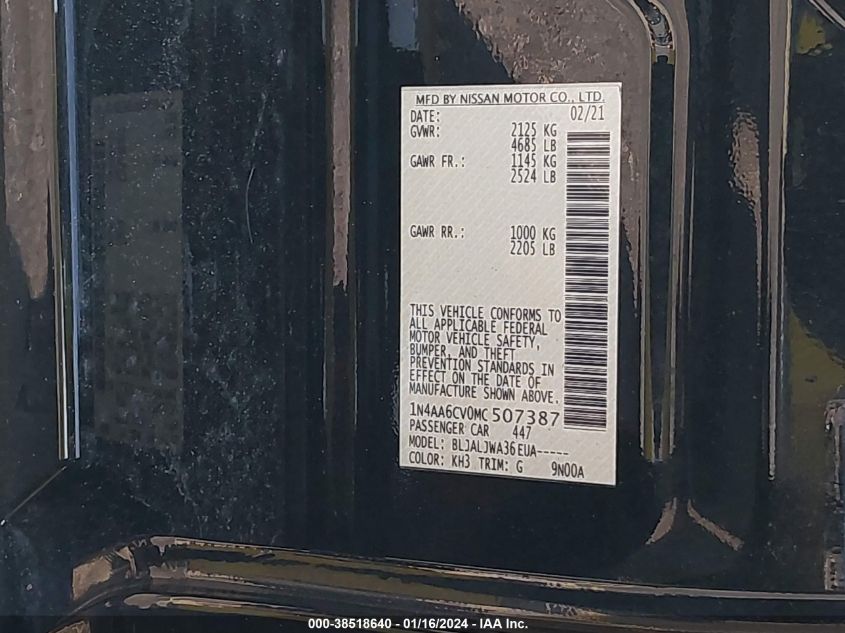 2021 NISSAN MAXIMA SV - 1N4AA6CV0MC507387