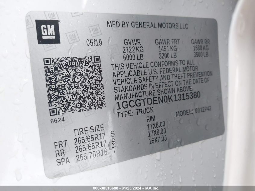 2019 CHEVROLET COLORADO Z71 - 1GCGTDEN0K1315380