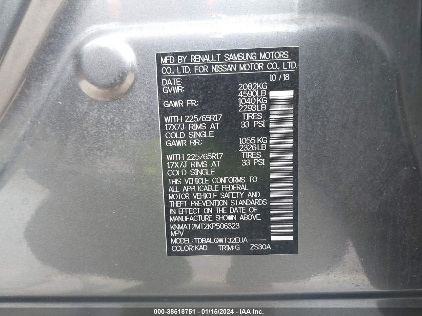 2019 NISSAN ROGUE S/SV - KNMAT2MT2KP506323