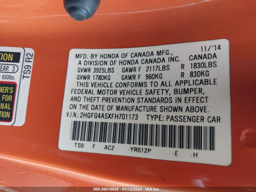 2015 HONDA CIVIC SI - 2HGFG4A5XFH701173