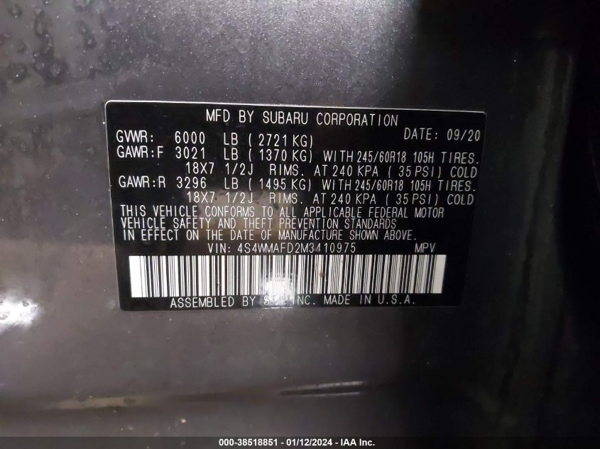 2021 SUBARU ASCENT PREMIUM - 4S4WMAFD2M3410975