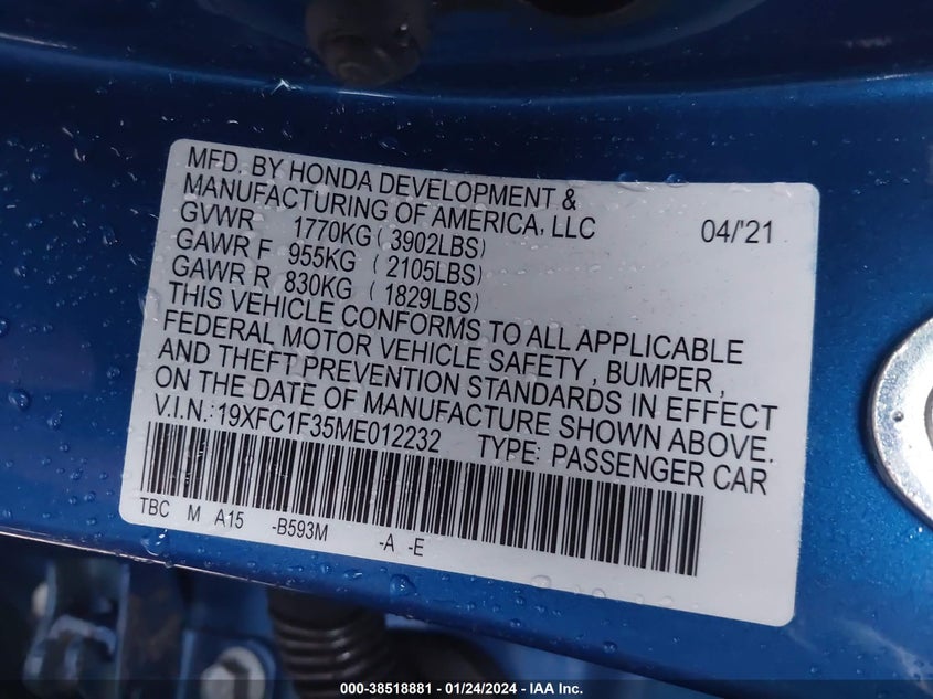 2021 HONDA CIVIC 1.5L I-4 DI, DOHC, V(VIN: 19XFC1F35ME012232