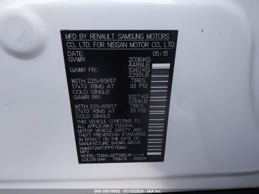 2015 NISSAN ROGUE S/SL/SV - KNMAT2MT0FP571340