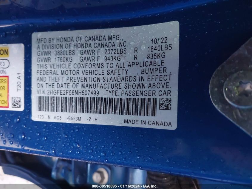 2022 HONDA CIVIC SPORT - 2HGFE2F56NH607499