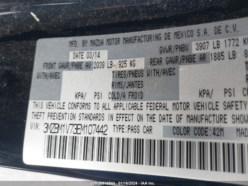 2014 MAZDA MAZDA3 I TOURING - 3MZBM1V73EM107442