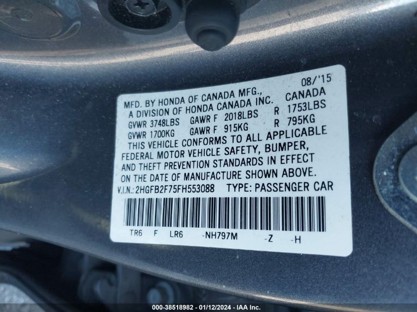 2015 HONDA CIVIC SE - 2HGFB2F75FH553088