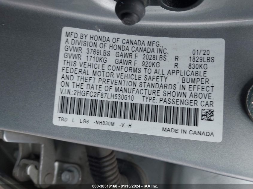 2020 HONDA CIVIC SPORT - 2HGFC2F87LH530610