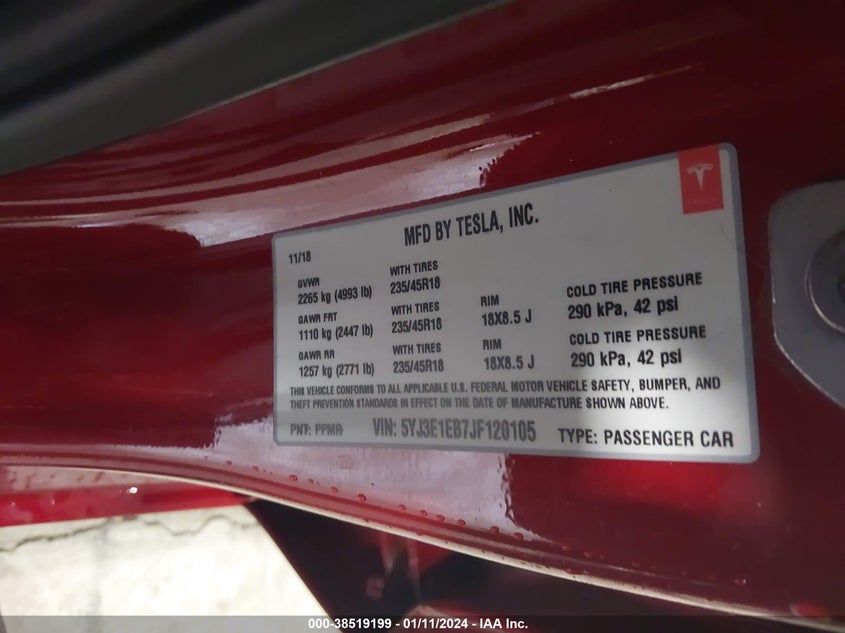 VIN 5YJ3E1EB7JF120105 2018 TESLA MODEL 3 LONG RANGE/PERFORMANCE