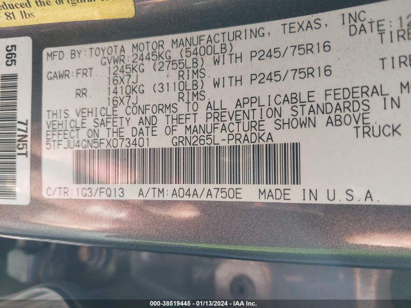 2015 TOYOTA TACOMA PRERUNNER V6 - 5TFJU4GN5FX073401