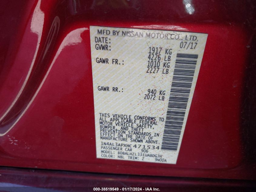 2017 NISSAN ALTIMA 2.5/S/SV/SL/SR - 1N4AL3APXHC471534