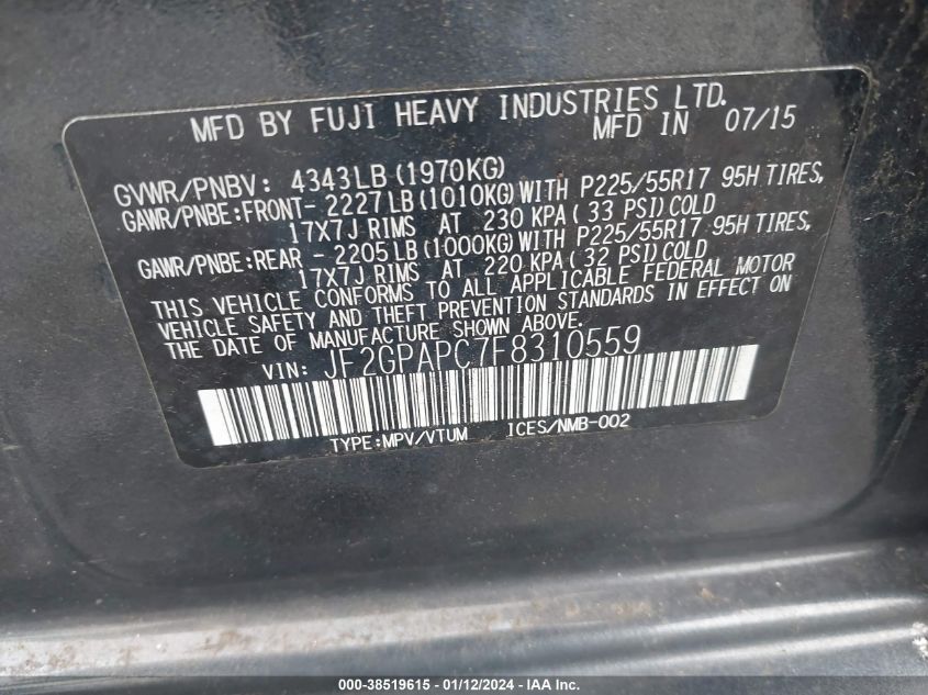 2015 SUBARU XV CROSSTREK 2.0I LIMITED - JF2GPAPC7F8310559