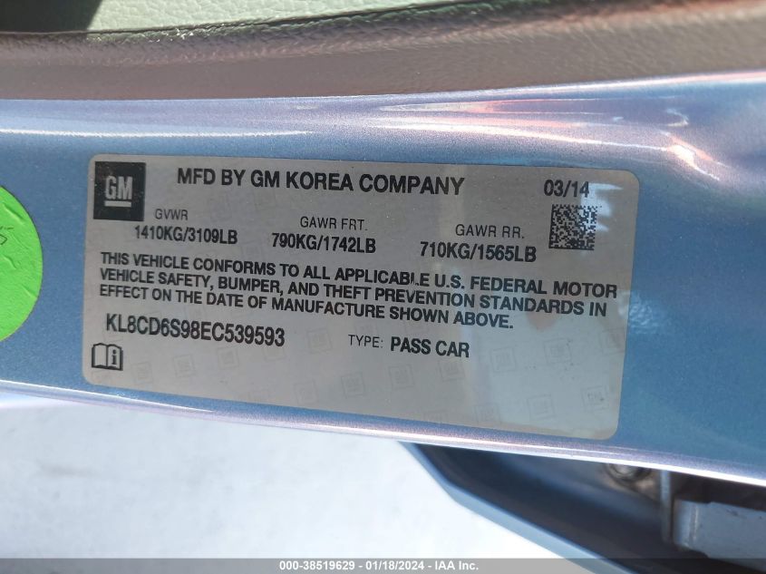 2014 CHEVROLET SPARK 1LT AUTO - KL8CD6S98EC539593