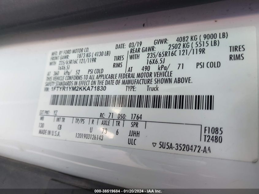 2019 FORD TRANSIT-250 T-250 - 1FTYR1YM2KKA71830