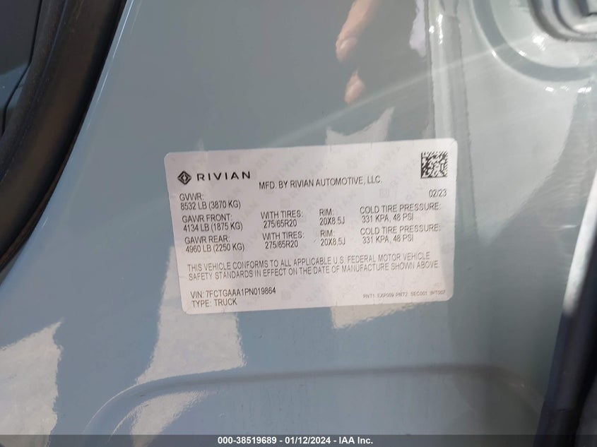 VIN 7FCTGAAA1PN019864 2023 RIVIAN R1T ADVENTURE