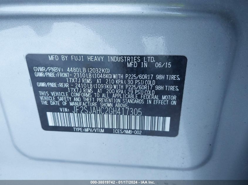 2016 SUBARU FORESTER 2.5I LIMITED - JF2SJAHC2GH417305