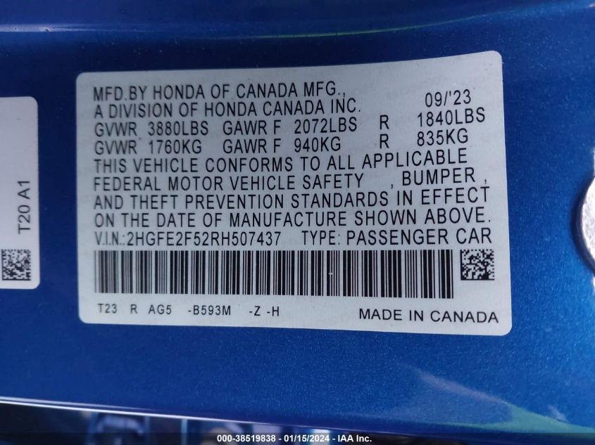 2024 HONDA CIVIC SPORT - 2HGFE2F52RH507437