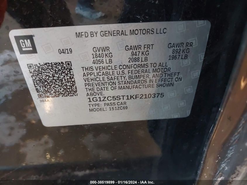 2019 CHEVROLET MALIBU 1FL - 1G1ZC5ST1KF210375