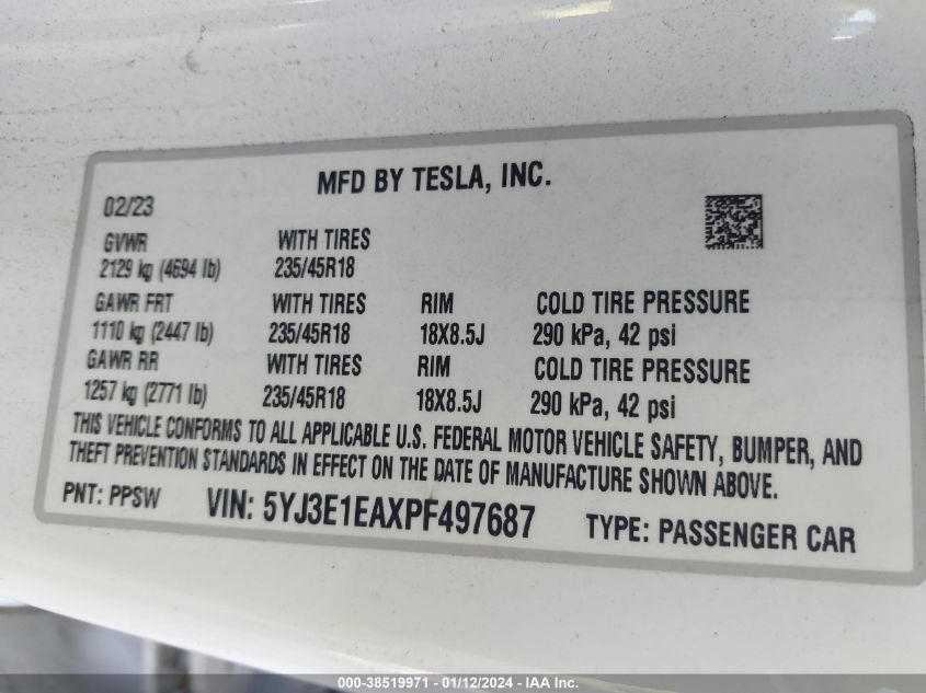 2023 TESLA MODEL 3 REAR-WHEEL DRIVE - 5YJ3E1EAXPF497687