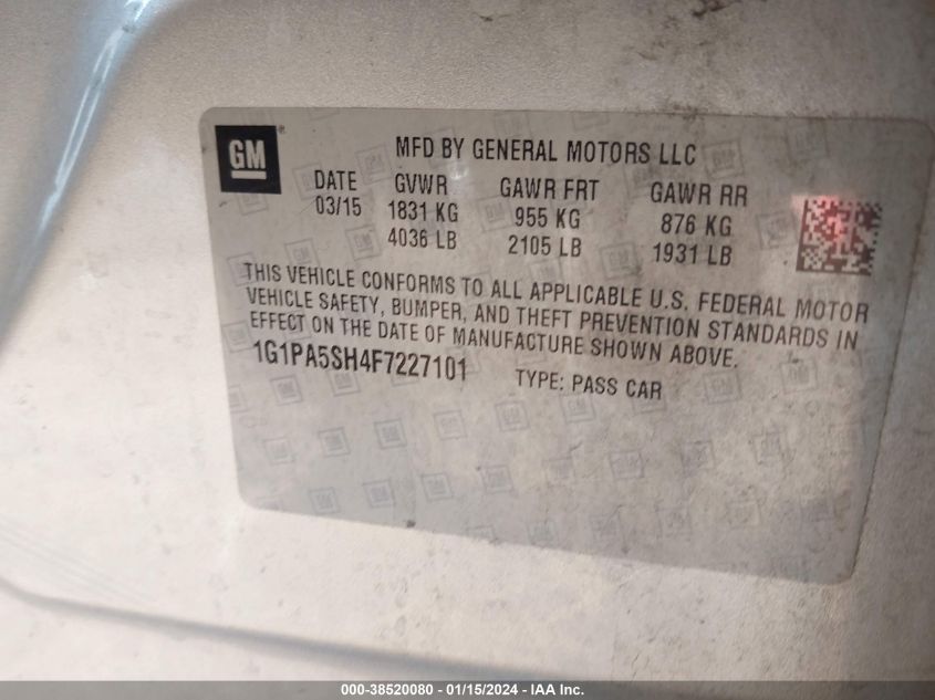 2015 CHEVROLET CRUZE LS - 1G1PA5SH4F7227101