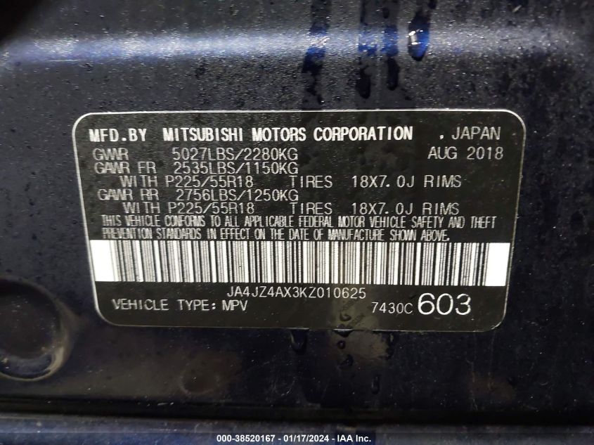 2019 MITSUBISHI OUTLANDER GT - JA4JZ4AX3KZ010625