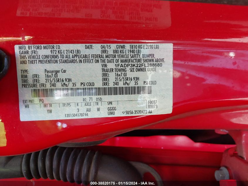 2015 FORD FOCUS SE - 1FADP3K22FL288680