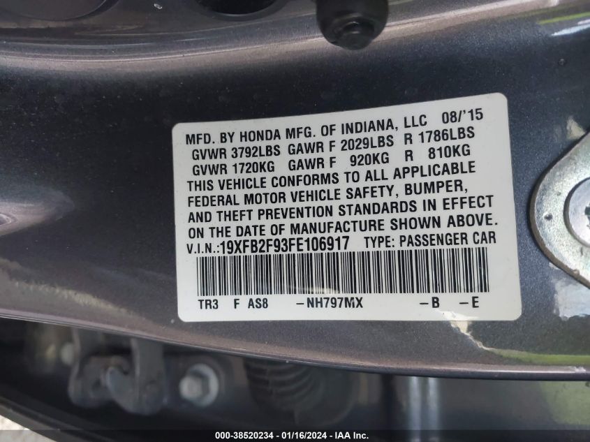 2015 HONDA CIVIC EXL - 19XFB2F93FE106917