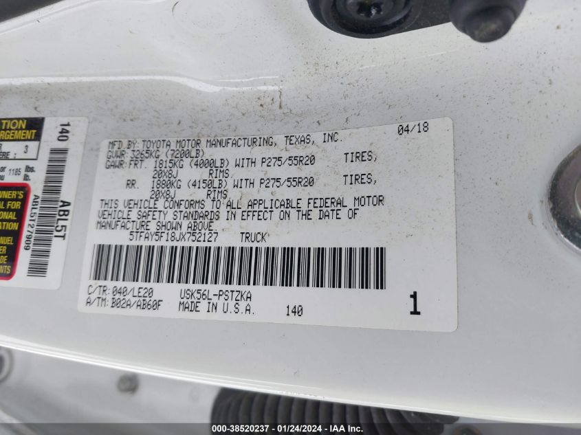 2018 TOYOTA TUNDRA PLATINUM 5.7L V8 - 5TFAY5F18JX752127