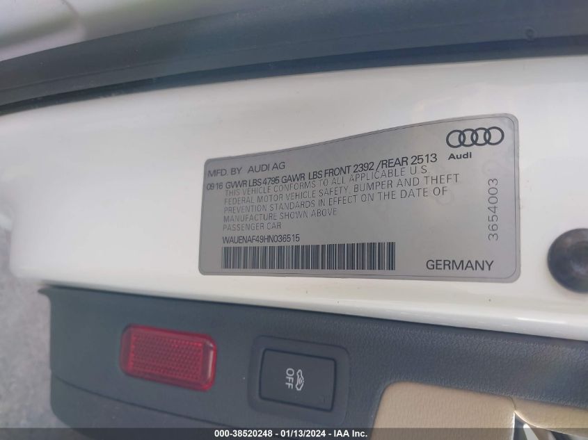 2017 AUDI A4 2.0T PREMIUM - WAUENAF49HN036515