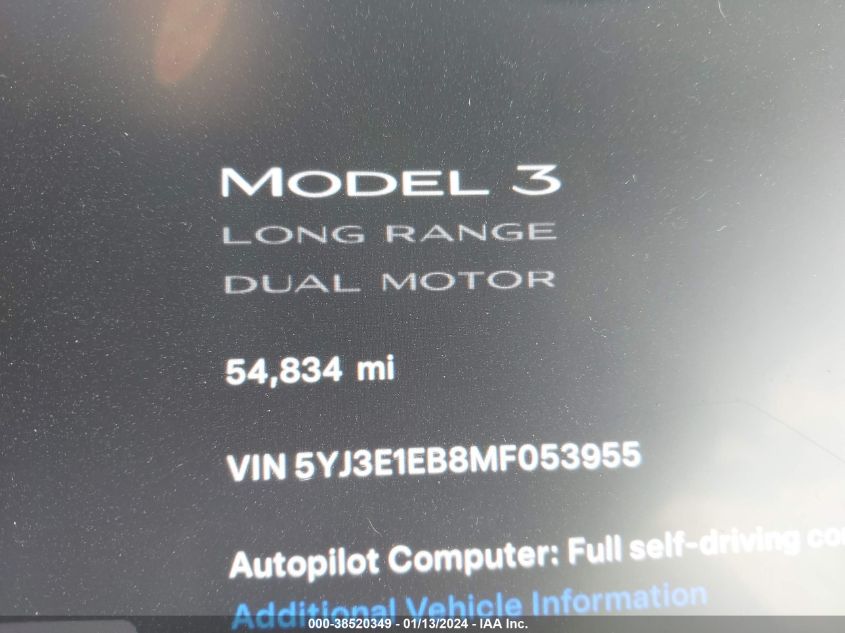 2021 TESLA MODEL 3 LONG RANGE DUAL MOTOR ALL-WHEEL DRIVE - 5YJ3E1EB8MF053955