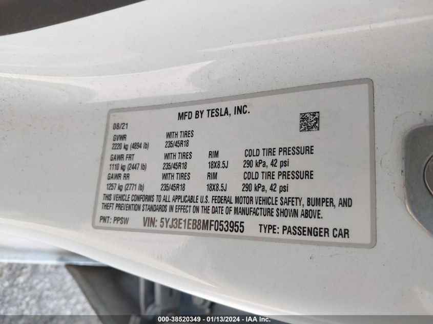 2021 TESLA MODEL 3 LONG RANGE DUAL MOTOR ALL-WHEEL DRIVE - 5YJ3E1EB8MF053955