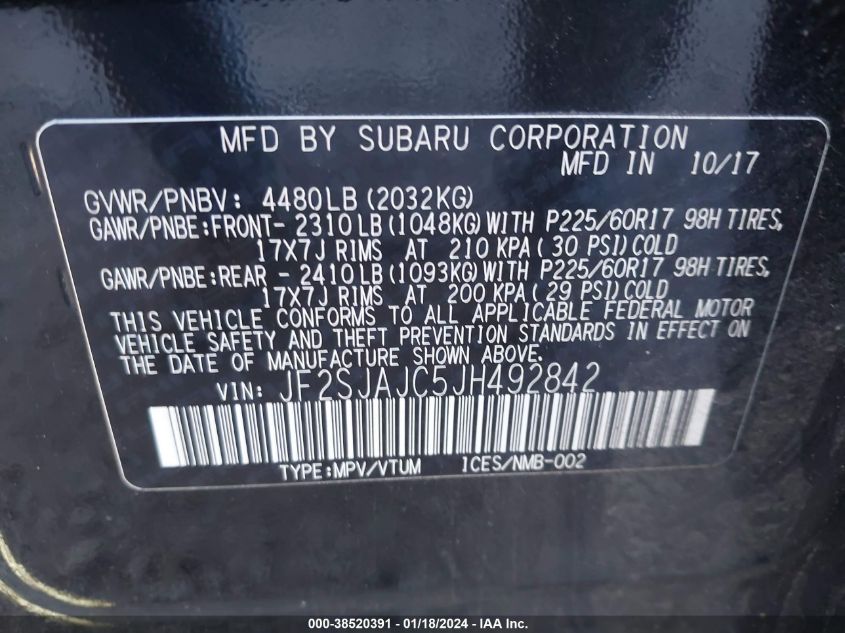 2018 SUBARU FORESTER 2.5I LIMITED - JF2SJAJC5JH492842