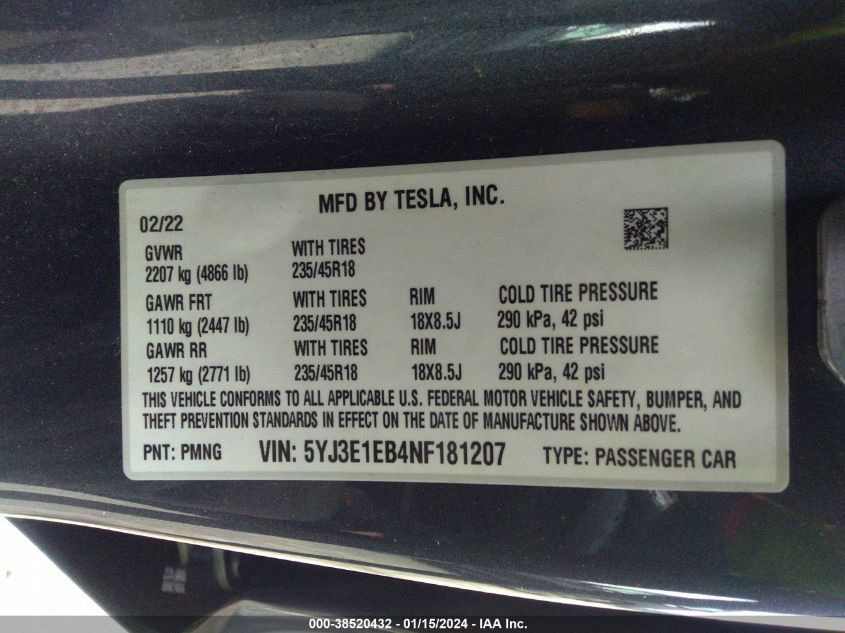 2022 TESLA MODEL 3 - 5YJ3E1EB4NF181207