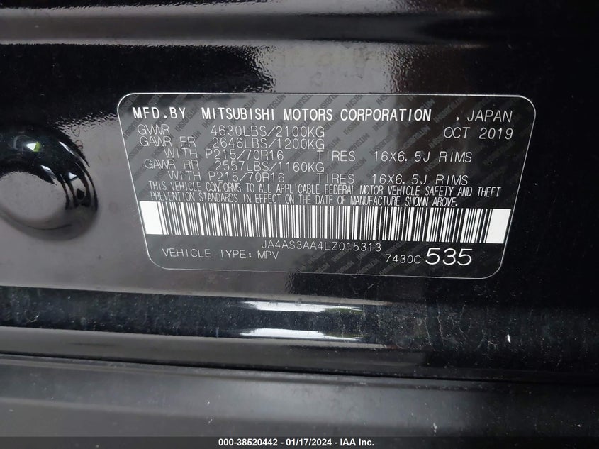 VIN JA4AS3AA4LZ015313 2020 MITSUBISHI ECLIPSE CROSS ES
