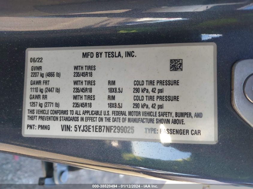 2022 TESLA MODEL 3 LONG RANGE DUAL MOTOR ALL-WHEEL DRIVE - 5YJ3E1EB7NF299025