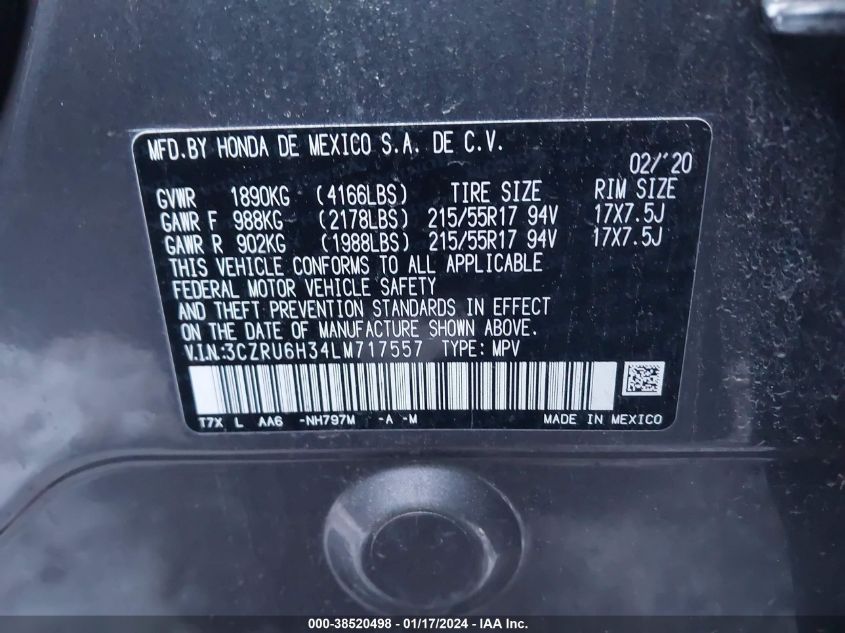 2020 HONDA HR-V LX - 3CZRU6H34LM717557