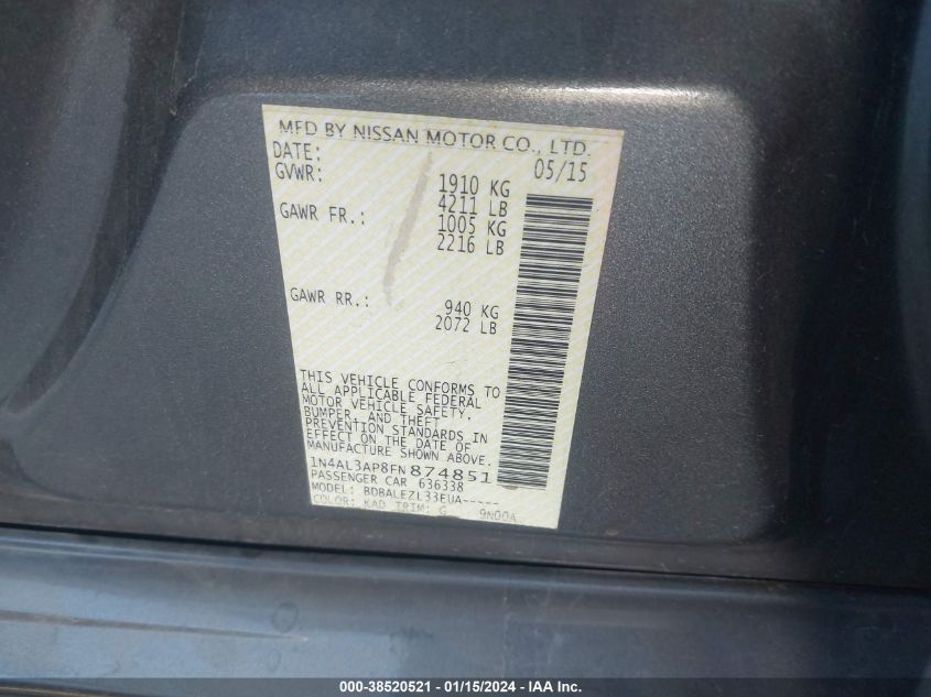 2015 NISSAN ALTIMA 2.5/2.5 S/2.5 SL/2.5 SV - 1N4AL3AP8FN874851