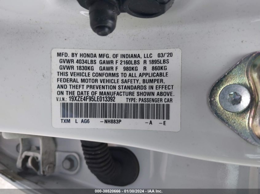 2020 HONDA INSIGHT TOURING - 19XZE4F95LE013392