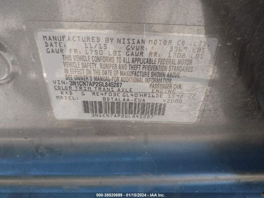 2016 NISSAN VERSA S/S PLUS/SV/SL - 3N1CN7AP2GL845287