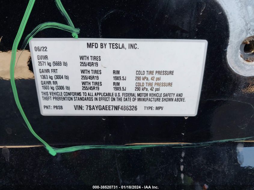 2022 TESLA MODEL Y LONG RANGE DUAL MOTOR ALL-WHEEL DRIVE - 7SAYGAEE7NF486326