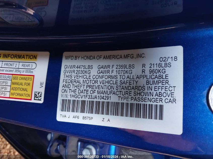 2018 HONDA ACCORD SPORT - 1HGCV1F33JA104291