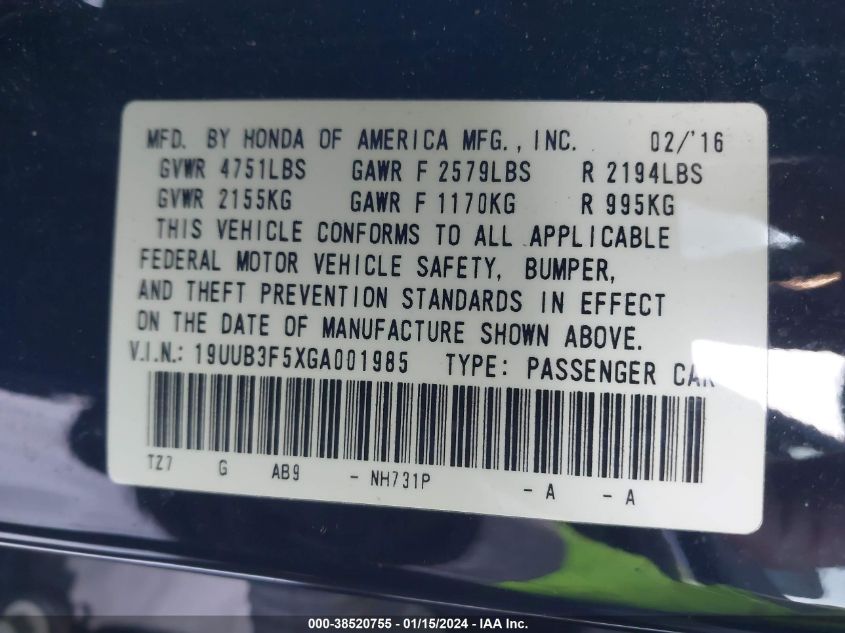 2016 ACURA TLX TECH - 19UUB3F5XGA001985