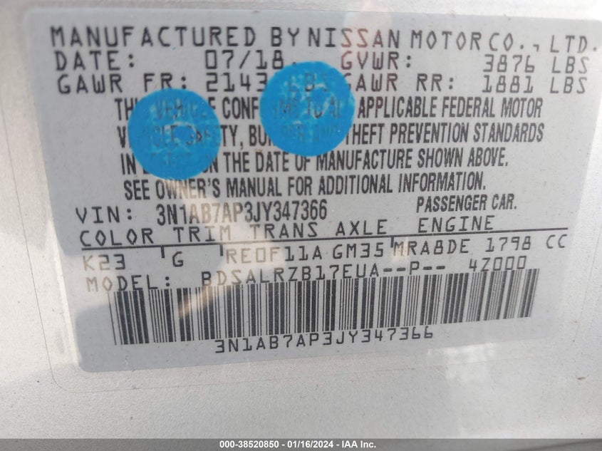 VIN 3N1AB7AP3JY347366 2018 NISSAN SENTRA SR