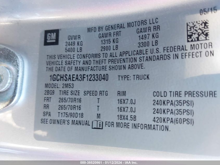 2015 CHEVROLET COLORADO - 1GCHSAEA3F1233040