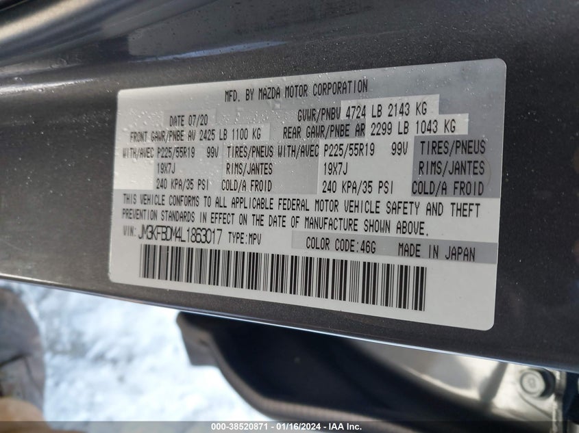 VIN JM3KFBDM4L1863017 2020 MAZDA CX-5 GRAND TOURING