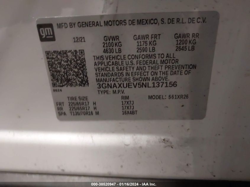 2022 CHEVROLET EQUINOX LT - 3GNAXUEV5NL137156
