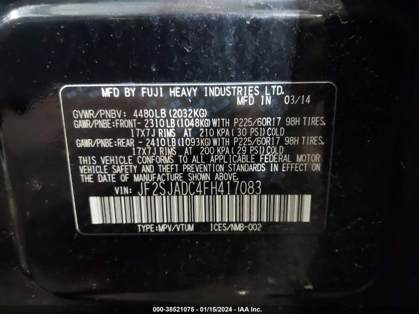 2015 SUBARU FORESTER 2.5I PREMIUM - JF2SJADC4FH417083