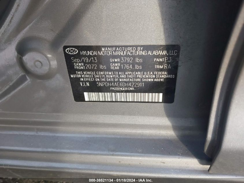 2013 HYUNDAI ELANTRA GLS - 5NPDH4AE6DH422911