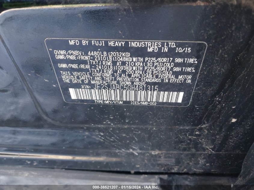 2016 SUBARU FORESTER 2.5I - JF2SJABC5GH481315