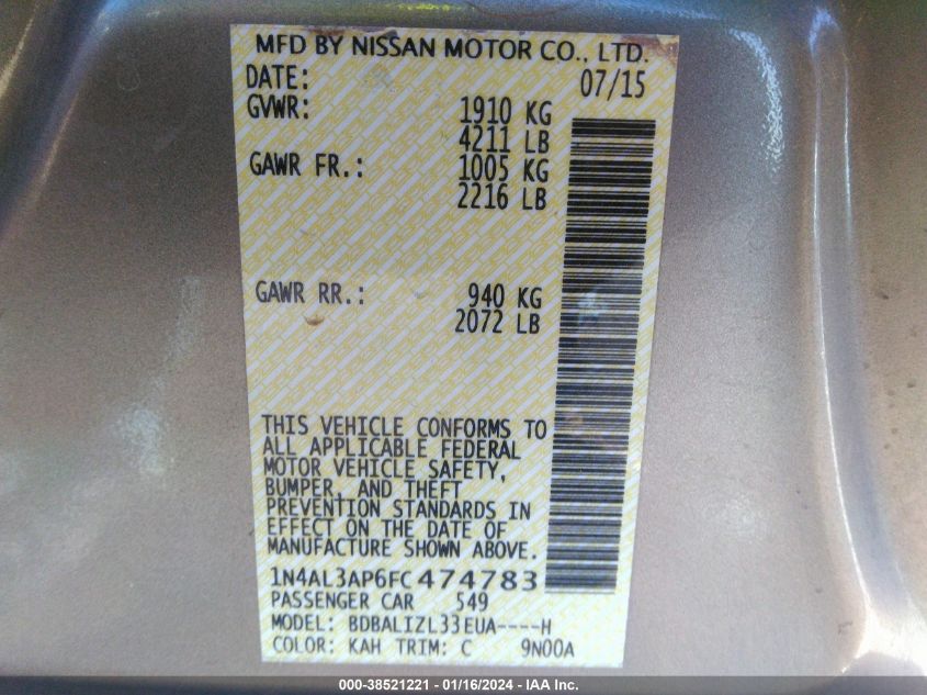 2015 NISSAN ALTIMA 2.5 SV - 1N4AL3AP6FC474783